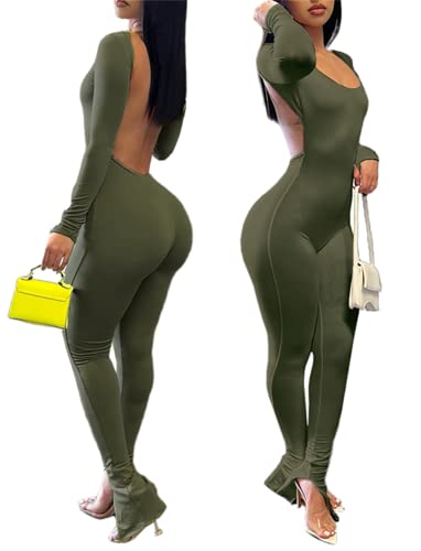 Bodycon Jumpsuits for Women Sexy Backless Rompers Long Sleeve Scoop Neck Stacked Split High Wasited One Piece Outfits Pants Catsuits Army Green XL