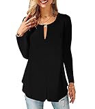 Minetom Tunika Damen Tshirt V-Ausschnitt Langarm Bluse Solide Longshirt Elegant Casual Lockere Lange Hemden Oberteile Blusen Tops A Schwarz XXL