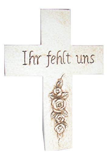 Reinhold Grabschmuck Kreuz Rosenranke und Inschrift Ihr fehlt Uns, Kunststein, wetterfest, Floristen