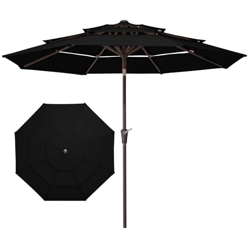 Image of JEAREY 9FT 3 Tier Patio Umbrella Outdoor Market Umbrella Table Umbrellas with 8 Ribs 1.5 Pole Push Button Tilt and Crank UV Protection for Garden,Black