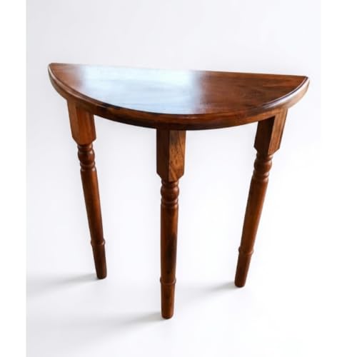 Image of Half Moon Console Table with Storage | Narrow Wooden Entryway Accent Table | Solid Semi-Circle Design for Living Room, Hallway, Foyer, Entrance Dark Teak Finish Small Size (70cm /27.5in)