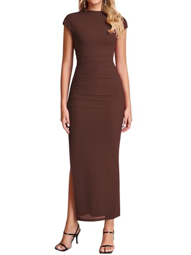 Image of HTZMO Floral Wedding Guest Ruched Bodycon Maxi Dress for Women | Cap Sleeve Slit Long Dresses, Fall Formal Cocktail Party Elegant Modest Bride Shower, Stretchy Mesh Fabric, Winter 2026