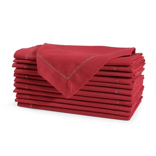Image of FINGERCRAFT Hemstitched Cotton Table Napkins - 20x20 Inch, 100% Cotton Cloth Napkins with Faggoting Stitching - Durable & Elegant for Parties (Tango Red, Set of 12)