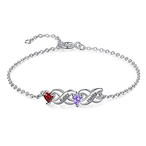 Personalized Custom Name Heart Bracelet with 1-6 Birthstone Bracelets for Women Engraved Family Names Link Bracelets for Mother's Day Mom Daughter