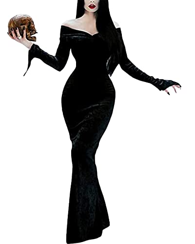 NANAMEEI Disfraz de Halloween Sexy de hombros descubiertos Addams Family Miércoles Vestido para Adultos Cosplay Negro, Negro , M Cover