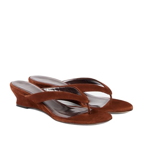 Women's Thong Wedge Heeled Sandals Slip On Flip Flop Slippers Leather & Suede Open Round Toe Fashion Dress Party Sandals Black Brown