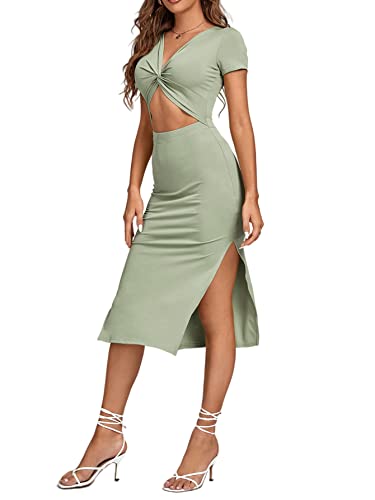 Image of LYANER Women's Twist Front Cut Out Split Hem V Neck Short Sleeve Knit Bodycon Midi Dress