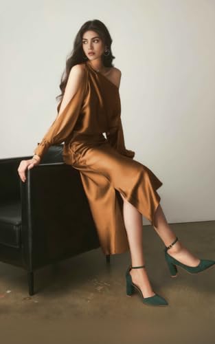 Women's Closed Toe Pumps 3 Inch Chunky Heels Pumps Ankle Strap Dress Wedding Shoes,Green Su,92