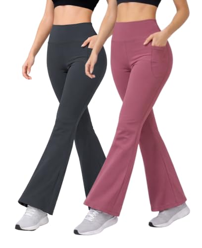 Image of Women's High Waist Bootcut Yoga Pants with Side Pockets | Flared Gym Leggings for Women | Stretchable Workout Bell Bottom Tights for Yoga, Gym, Running & Casual Wear Pack of 2