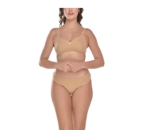Image of Elina Women's Full Coverage Non Padded with Detachable Strap Cotton Hosiery Bra and Panty Set (Lovia Set)