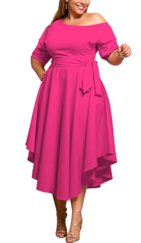Image of Plus Size Women Wedding Guest Dress Off Shoulder Boat Neck Irregularly Flowy Midi Church Dress