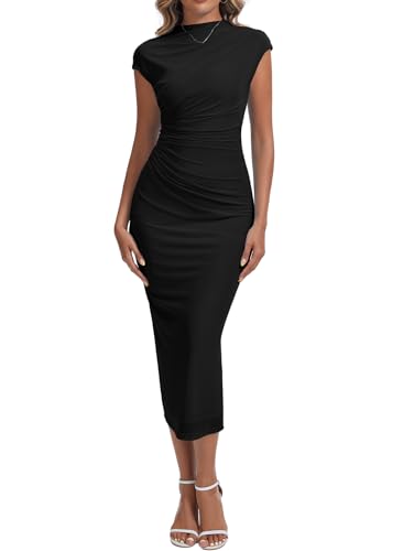 Women's Mock Neck Ruched Floral Mesh Bodycon Maxi Dress Cap Sleeve Tight Fitted Curvy Cocktail Club Party Dresses4