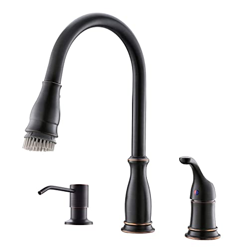 Appaso 3 Hole Kitchen Faucet With Pull Down Sprayer Oil Rubbed Bronze, 2-Hole Pull Out Kitchen Sink Faucet With Side Single Handle And Soap Dispenser, 211Orb #TOP30