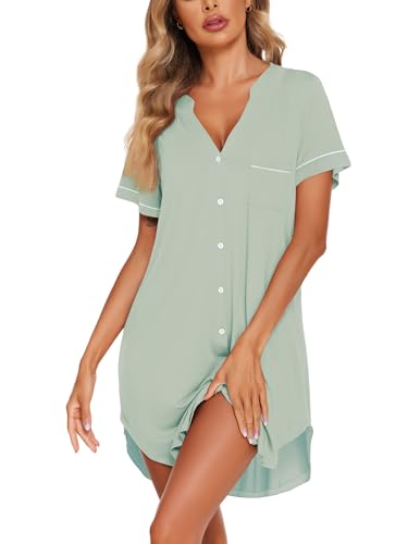 Image of Ekouaer Nightgowns for Women Button Down Night Gowns Short Sleeve Sleep Shirt V Neck Nightshirt Soft Sleepwear Pajams Dress