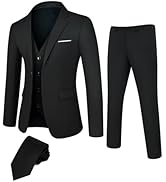 DEETRUST Men's Slim Fit 3 Pieces Suit Set Business Casual Men Suit Two Button with Tie Black