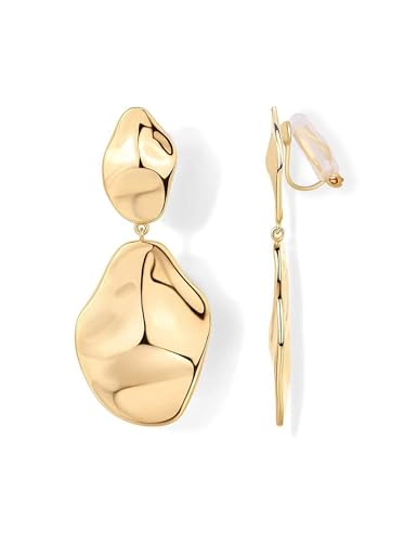 FAN&LOUIS Clip On Dangle Earrings Women,14K Gold Statement Dangle Earrings Clips Lightweight Hammered Drop Dangle Clip-on Earrings for Women 2026