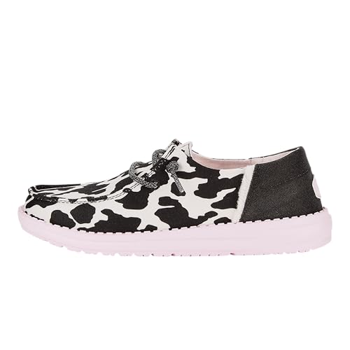HEYDUDE Women's Wendy Funk Cow Black/Pink Size 6 | Women's Shoes | Women Slip-on Loafers | Comfortable & Light-Weight