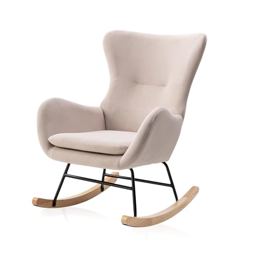 Image of FENFSHE Rocking Accent Chair with High Backrest and Armrests,Upholstered Baby Rocking Chair for Baby Nursery,Living Room,Bedroom (Beige)
