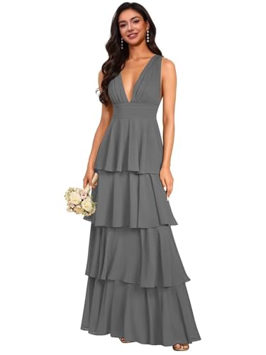 VGZ Tiered Chiffon Bridesmaid Dresses for Women V Neck Long Ruffle Formal Evening Dress