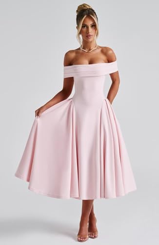 Satin Off The Shoulder Formal Midi Dress for Women A Line Ruched Tea Length Prom Party Dresses3