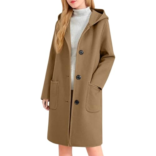 Genérico Abrigo informal con capucha talla grande para invierno cálido manga larga uso diario color liso botones tipo túnica bolsillos chaqueta abrigo (Khaki, M)