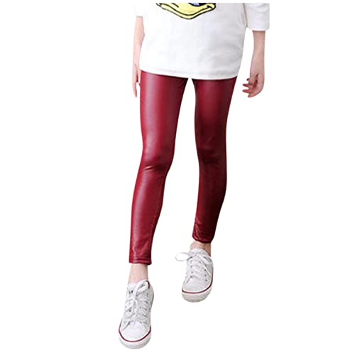 Kids Toddler Girls Faux Leather Pants Shiny Stretchy Leggings Tights Solid Color Elastic Waist Pencil (Red, 2-3 Years)