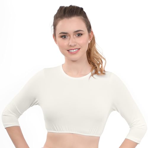 Image of Kosher Casual Women's Modest High Neck Cropped Layering Shell - Cotton Spandex 3-4 Sleeve Base Pullover Top