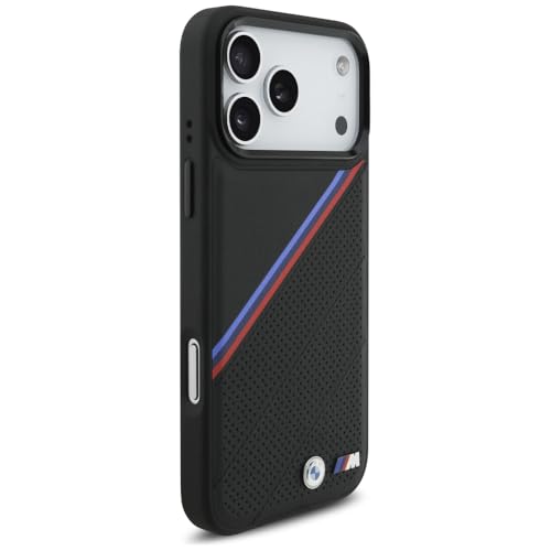 Image of CG MOBILE BMW [Official Licensed] Protective Case Designed for iPhone 17 Pro Max |Magnetic Compatible|M Collection|Pu Leather Tricolor Slanted Stripes & Metal Logos -Black