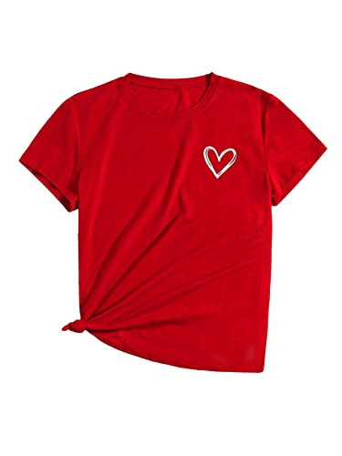 Sweatyrocks Women's Heart Print T Shirts Summer Funny Short Sleeve Tops For Teen Girl Dark Red Heart Xl #TOP14
