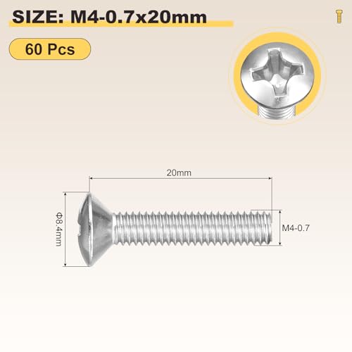 Image of METALLIXITY Semi-Countersunk Oval Head Machine Screws (M4-0.7x20) 60Pcs, 304 Stainless Steel Phillips Cross Recessed Machine Screw Bolts - for Furniture Assembly DIY Projects, Silver