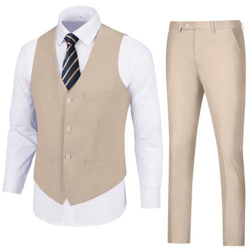 Men's 2 Piece Suit Vest Pants Set for Men Slim Fit Wedding Groomsmen Suit V Neck Casual Suit Waistcoat for Men