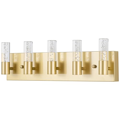 Image of Bathroom Vanity Light Fixtures Over Mirror, Brushed Golden Finish Coating, 5 Light Wall Sconces for Bathroom