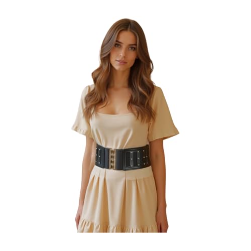 Women Fashion Black Wide Elastic Waistband Belt Hip High Waist Silver Metal Buckle Fit Size S M3