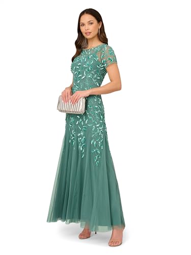 Image of Adrianna Papell Women's Beaded Gown with Godets - Floor Length Gown with Floral Embellishments & Cap Sleeves