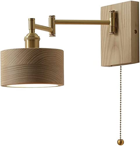 Aplique de Pared japonés de Madera E27 con Interruptor, Brazo oscilante de latón Cepillado, Luces de Pared Ajustables, iluminación de Pared para Estudio, Lectura, Dormitorio, Sala de Estar,