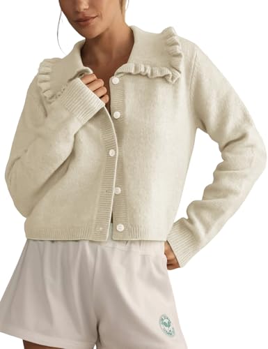 Yimoon Ruffle Collar Cardigan Sweater for Women Open Front Button Down Long Sleeve Cute Cropped Knit Outerwear