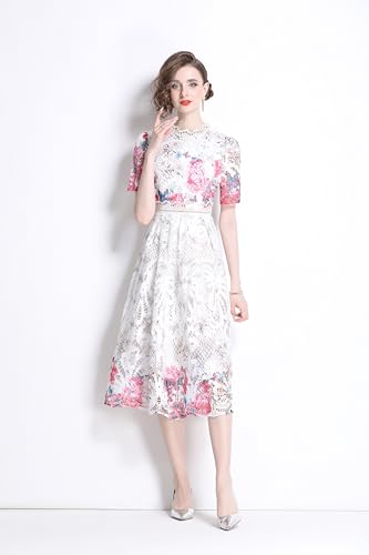 Image of LAI MENG FIVE CATS Women's Lace Floral Short Sleeve Crochet Waist Cocktail Midi Dress