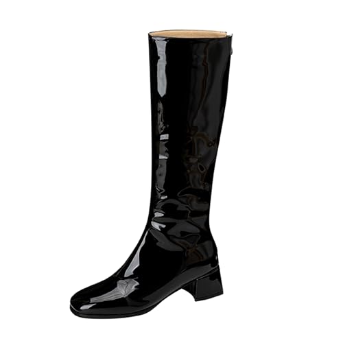 Lizoleor Sweet Cuir Verni Bloc Bout Carré Femme Botte Haute Jusqu'Au Genou Back Zippées Large Fit Talons Moyen Mariage Robe Bottes Longue Noir Taille 37 EU/38Cn