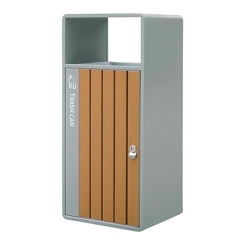 Image of Outdoor Trash Can with Lid, 51L /13.5 Gal-Lockable Commercial Trash Can with Nature Stone Panels, Heavy-Duty Rustproof Metal Garbage Can with Removable Liner for Parks & Public Spaces (White, ash)