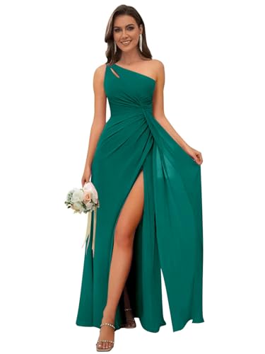 Image of OFEECHUN Women's Chiffon One Shoulder Bridesmaid Dresses Long Pleated Formal Evening Gowns with Slit