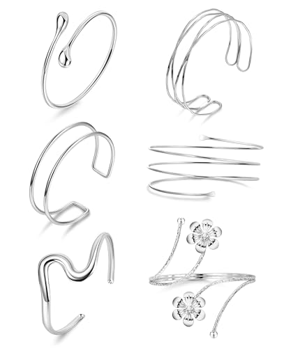 6Pcs Arm Cuff for Women Upper Arm Band Cuff Bracelet Gold Silver Coil Bangle Armlet Adjustable Flower Armband Set