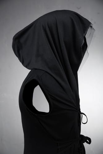 Longline Cloak Hood Mens Sleeveless Mesh Cut Off Open Vest Layering Cardigan Streetwear Black3