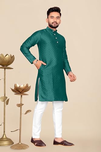 Image of Men's Self Design Cotton Silk Kurta