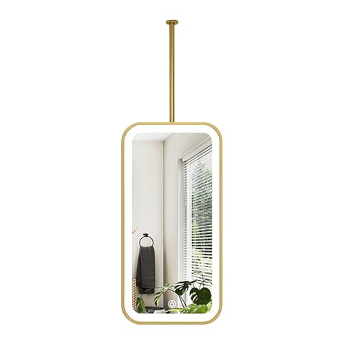 Espejo de baño LED moderno con luz，Espejos de barra para colgar montados en el techo Espejos de maquillaje de afeitado de tocador grandes，Espejo rectangular dorado para baño，Entrada，Tienda(40cmx60cm)