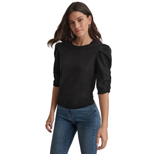 DKNY Women's Elbow Sleeve Crew Neck Puff Shoulder Jeans Sweater2