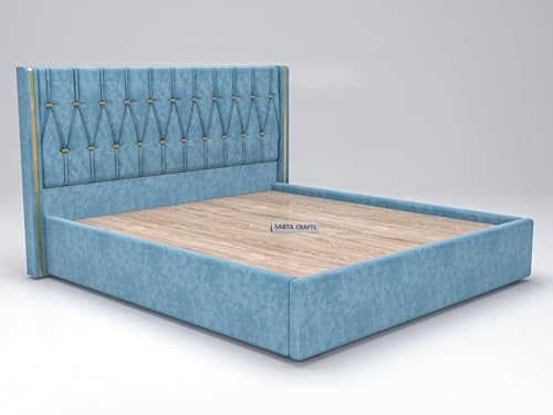 Image of Modern Upholstered King Size Bed with Box Storage for Bedroom | Wooden Double Bed with Storage | Platform Cot Bed with Upholstery Premium Fabric | Sheesham Solid Wood, (Blue), 6.5 x 6 Ft