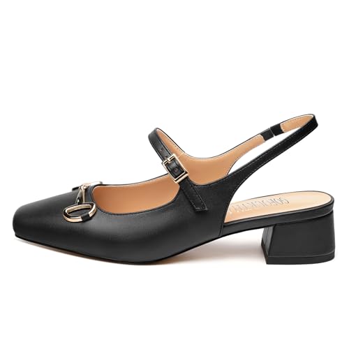 Slingback Heels for Women 1.2 Inch Low Block Chunky Heels Square Closed Toe Patent Pumps with Buckle Strap Comfortable Cute Dress Shoes2