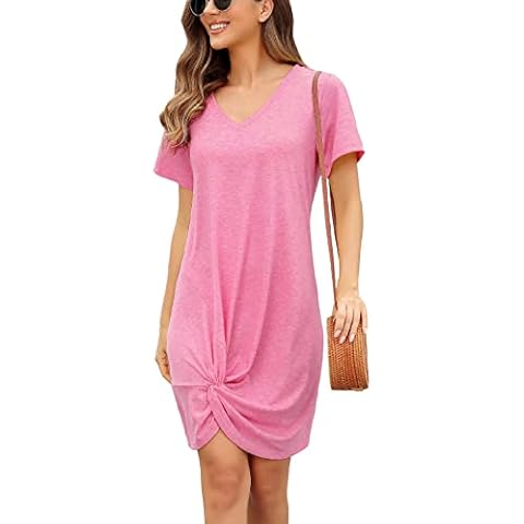 ANRILITA Twist Front Knot Dress for Women 2023 Summer Casual Short Sleeve V Neck Loose T Shirt Midi Dresses Knee Length Pink Cover