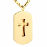 MYPOWER Collar difusor de aceites Esenciales de Acero Inoxidable con diseño de Cruz y Placa Militar, Incluye Almohadillas de Regalo. Colgante de aromaterapia para Hombre. Color Dorado.