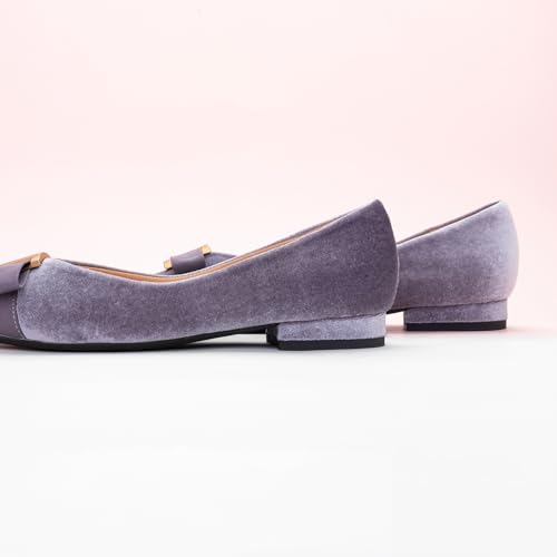 C.Paravano Women's Pointed Toe Ballet Flats with Bow Slip-On Dressy Flats for Women Comfortable Elegant Casual Shoes for Work Part Daily Wear(Grey,Velvet,Size 6.5)3